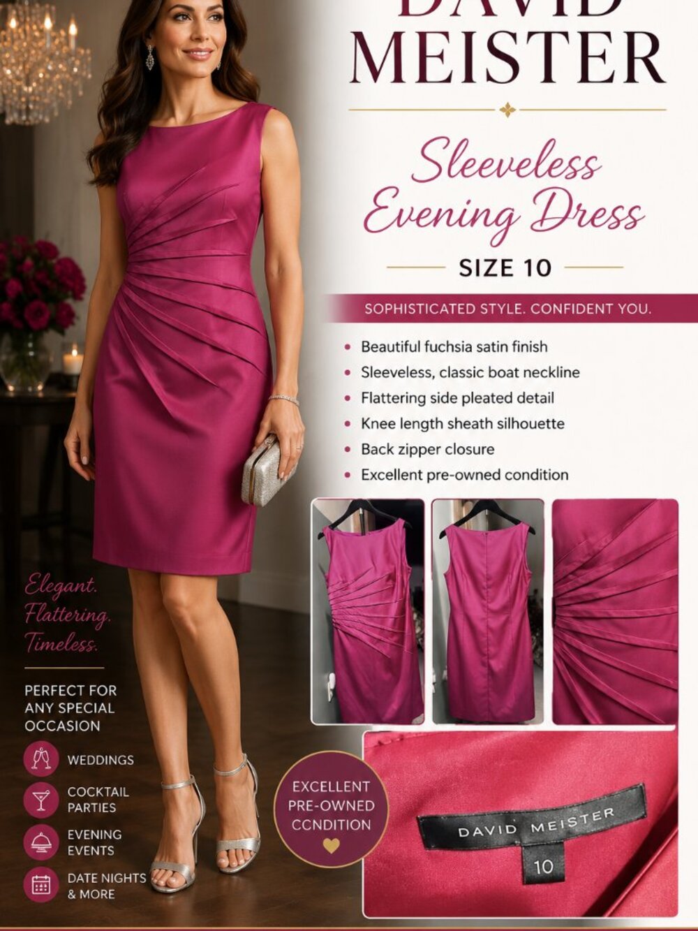 David Meister Fuchsia Sheath Dress Size 10 Sleeveless Pleated Cocktail Evening